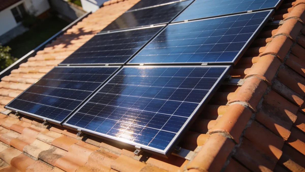 Panneaux solaires fixés sur un rail en aluminium au-dessus d’une toiture en tuiles canal à Figeac, dans une lumière dorée